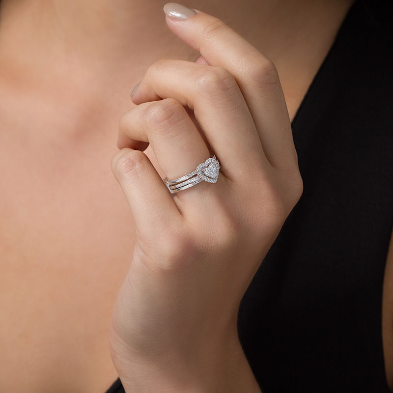 Main Image 3 of 1/2 CT. T.W. Diamond Heart Frame Three Piece Bridal Set in 10K White Gold