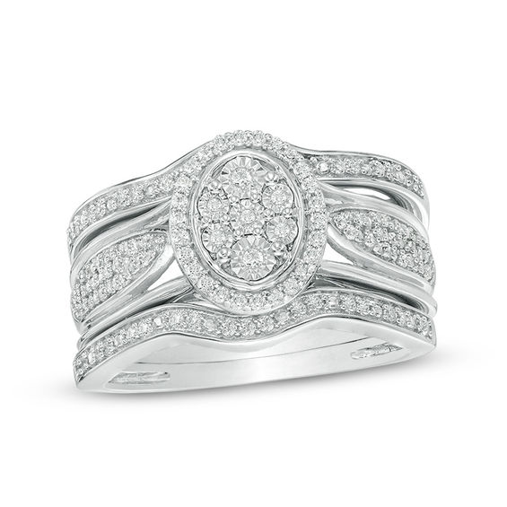 1/3 CT. T.w. Composite Diamond Oval Frame Three Piece Bridal Set in Sterling Silver