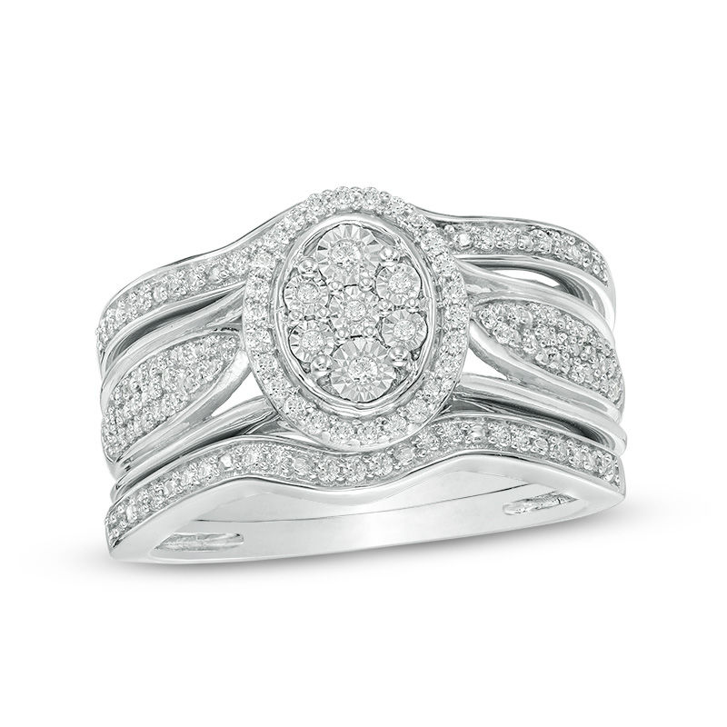 Main Image 1 of 1/3 CT. T.W. Composite Diamond Oval Frame Three Piece Bridal Set in Sterling Silver