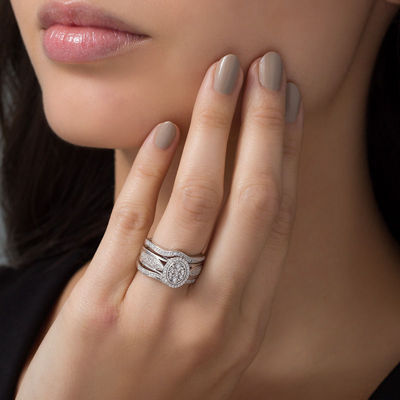 Main Image 3 of 1/3 CT. T.W. Composite Diamond Oval Frame Three Piece Bridal Set in Sterling Silver