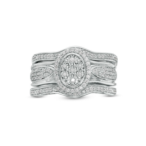 1/3 CT. T.w. Composite Diamond Oval Frame Three Piece Bridal Set in Sterling Silver