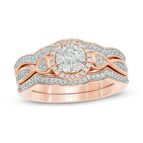 1/3 CT. T.w. Composite Diamond Frame Heart-Sides Twist Three Piece Bridal Set in 10K Rose Gold