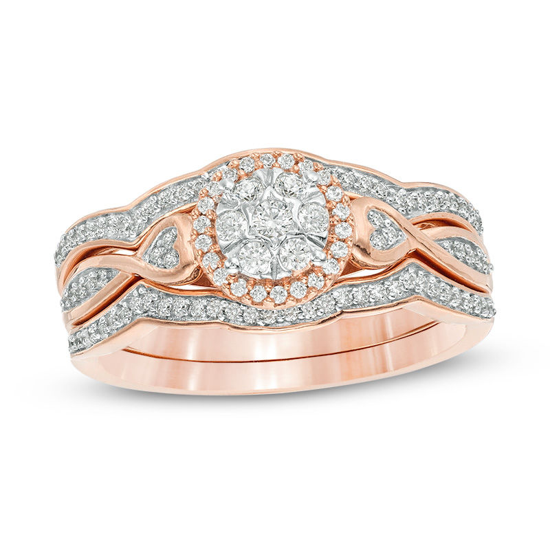 Main Image 1 of 1/3 CT. T.W. Composite Diamond Frame Heart-Sides Twist Three Piece Bridal Set in 10K Rose Gold