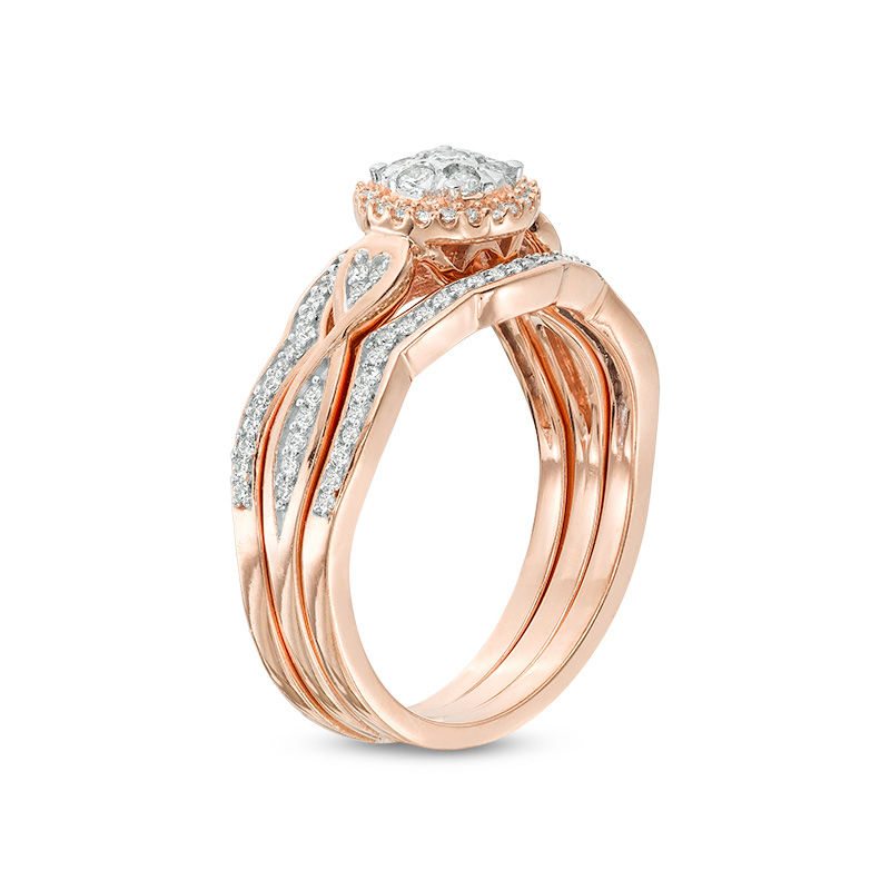 Main Image 2 of 1/3 CT. T.W. Composite Diamond Frame Heart-Sides Twist Three Piece Bridal Set in 10K Rose Gold