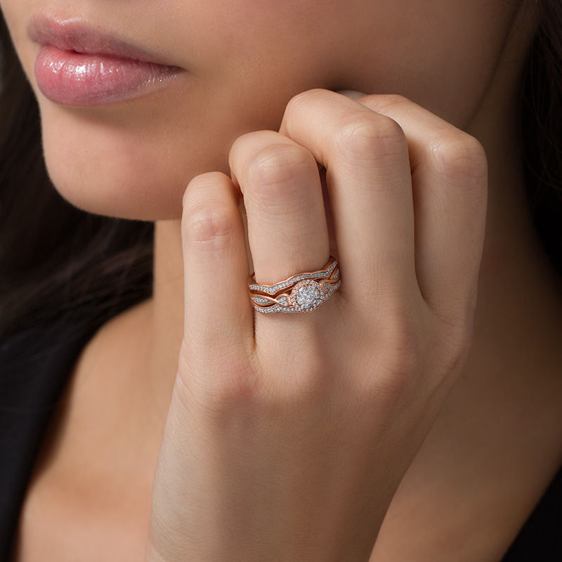 Main Image 3 of 1/3 CT. T.W. Composite Diamond Frame Heart-Sides Twist Three Piece Bridal Set in 10K Rose Gold