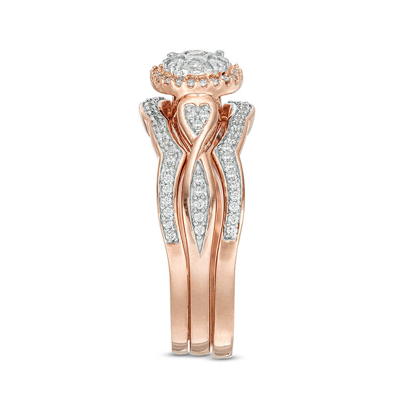 Main Image 4 of 1/3 CT. T.W. Composite Diamond Frame Heart-Sides Twist Three Piece Bridal Set in 10K Rose Gold