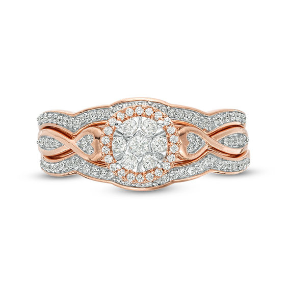 1/3 CT. T.w. Composite Diamond Frame Heart-Sides Twist Three Piece Bridal Set in 10K Rose Gold