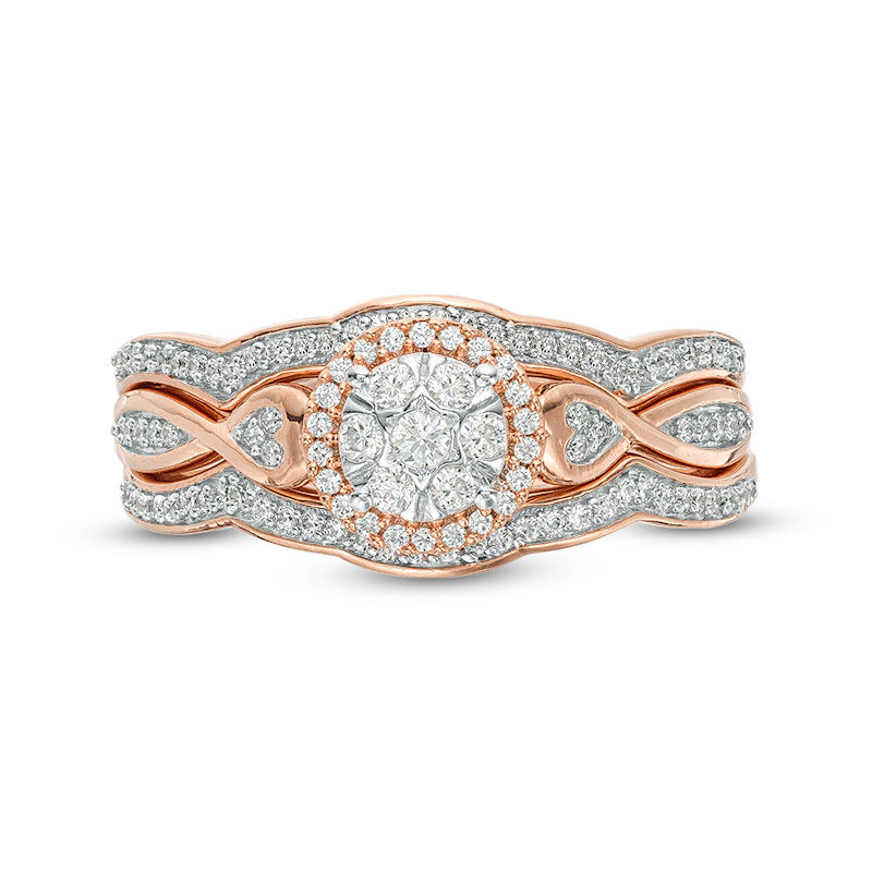 Main Image 6 of 1/3 CT. T.W. Composite Diamond Frame Heart-Sides Twist Three Piece Bridal Set in 10K Rose Gold