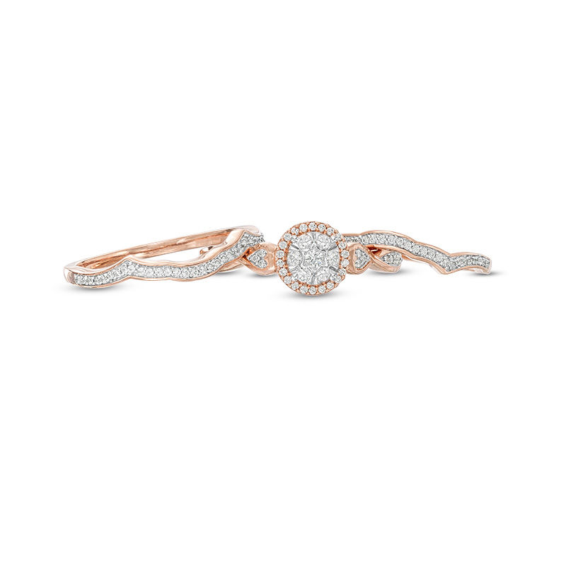 Main Image 7 of 1/3 CT. T.W. Composite Diamond Frame Heart-Sides Twist Three Piece Bridal Set in 10K Rose Gold