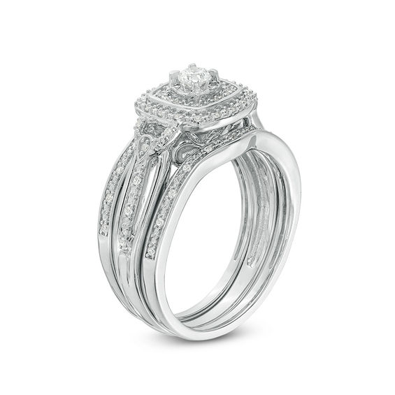 1/4 CT. T.w. Diamond Double Square Frame Three Piece Bridal Set in Sterling Silver