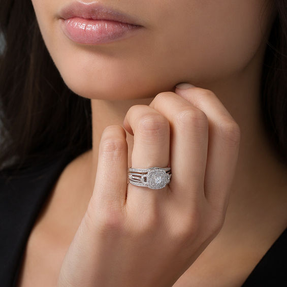 1/4 CT. T.w. Diamond Double Square Frame Three Piece Bridal Set in Sterling Silver