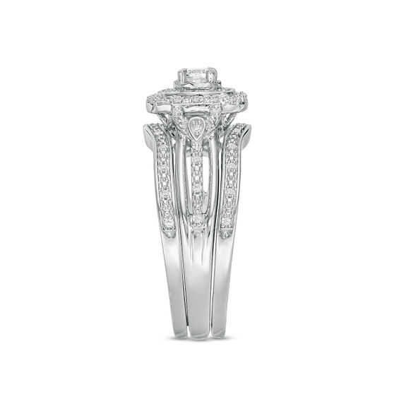 1/4 CT. T.w. Diamond Double Square Frame Three Piece Bridal Set in Sterling Silver
