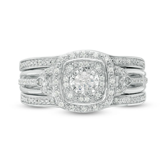 1/4 CT. T.w. Diamond Double Square Frame Three Piece Bridal Set in Sterling Silver