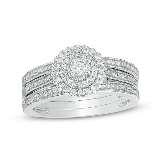 1/4 CT. T.w. Diamond Double Frame Vintage-Style Three Piece Bridal Set in Sterling Silver