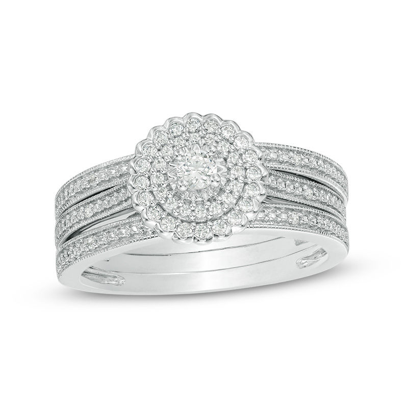 Main Image 1 of 1/4 CT. T.W. Diamond Double Frame Vintage-Style Three Piece Bridal Set in Sterling Silver