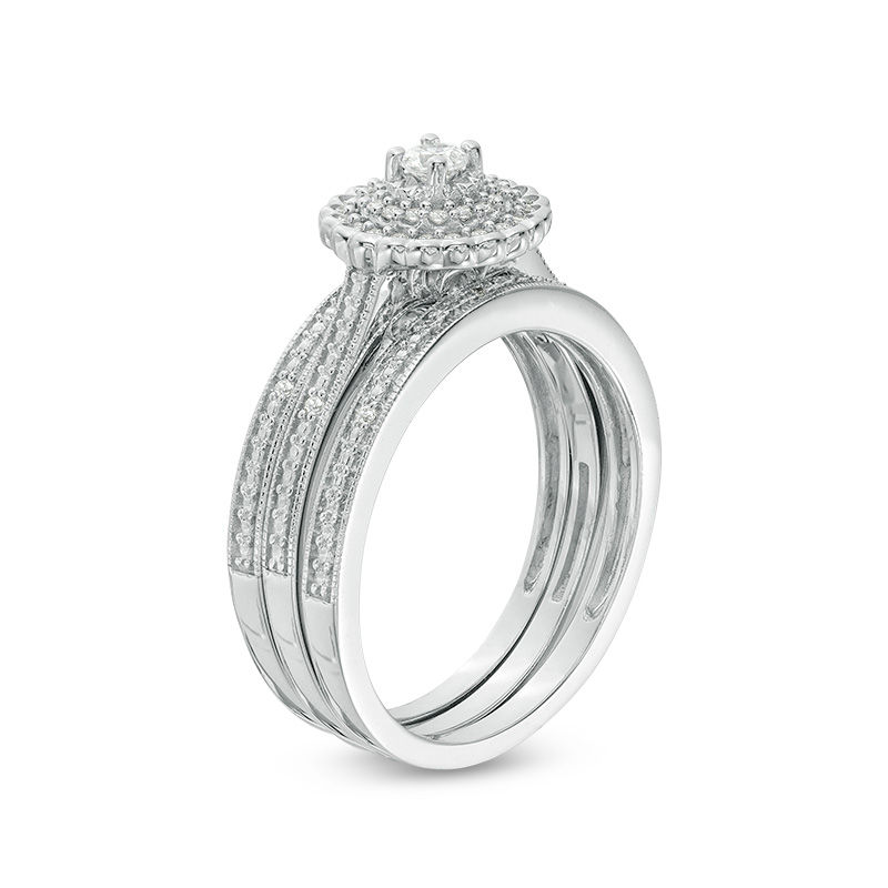 Main Image 2 of 1/4 CT. T.W. Diamond Double Frame Vintage-Style Three Piece Bridal Set in Sterling Silver
