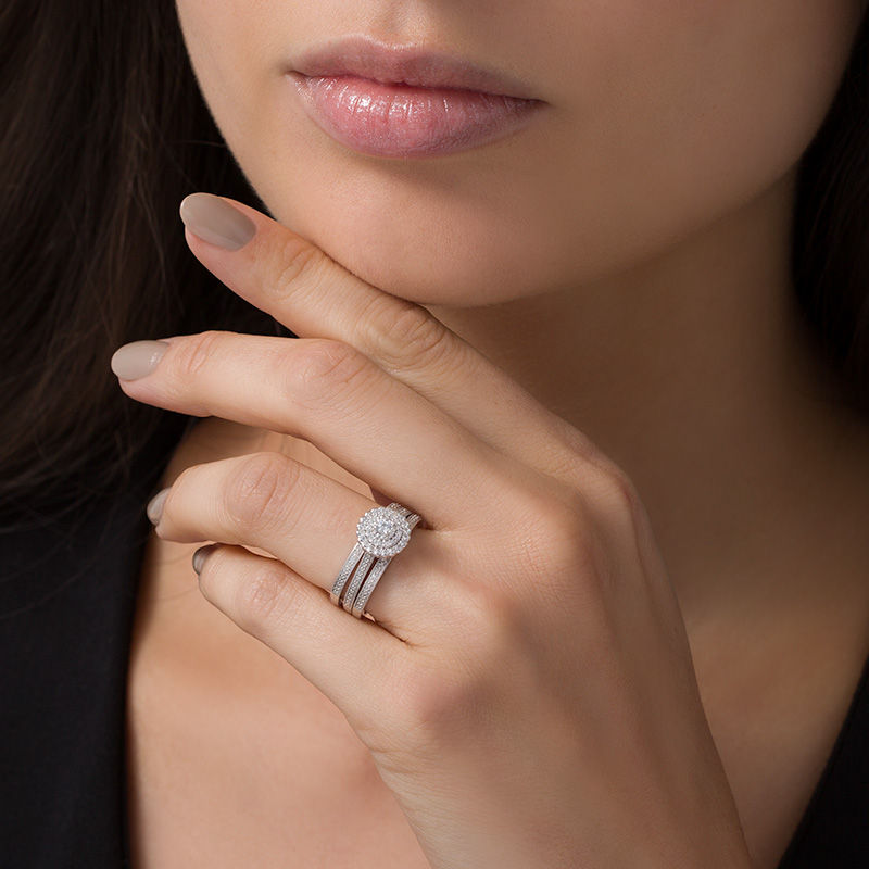 Main Image 3 of 1/4 CT. T.W. Diamond Double Frame Vintage-Style Three Piece Bridal Set in Sterling Silver