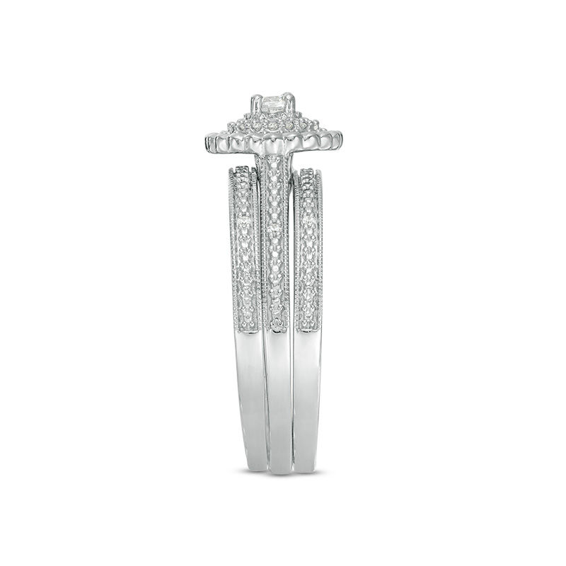 Main Image 4 of 1/4 CT. T.W. Diamond Double Frame Vintage-Style Three Piece Bridal Set in Sterling Silver