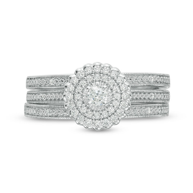 Main Image 6 of 1/4 CT. T.W. Diamond Double Frame Vintage-Style Three Piece Bridal Set in Sterling Silver