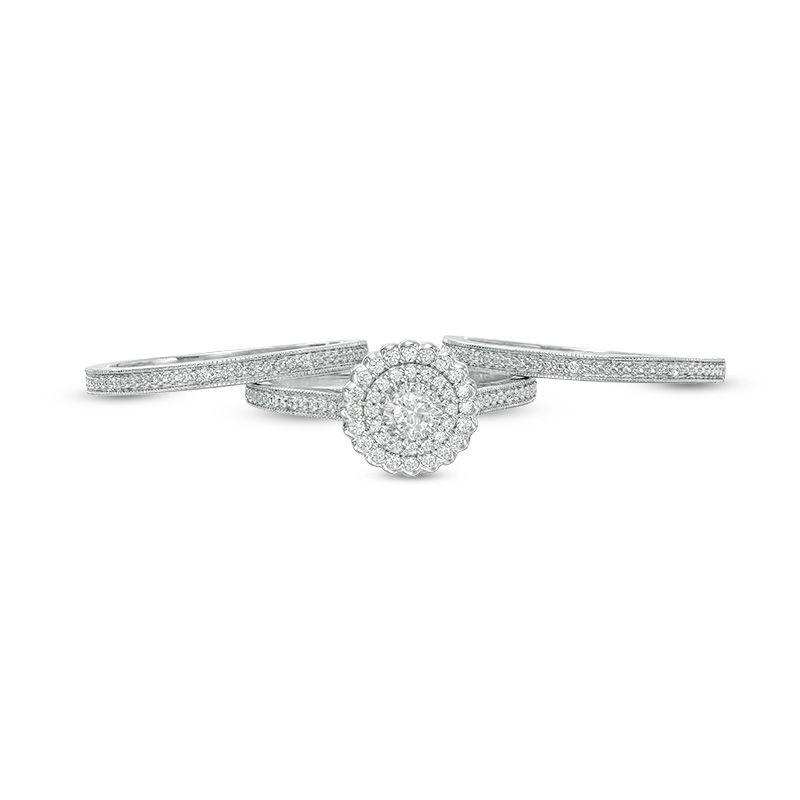 Main Image 7 of 1/4 CT. T.W. Diamond Double Frame Vintage-Style Three Piece Bridal Set in Sterling Silver