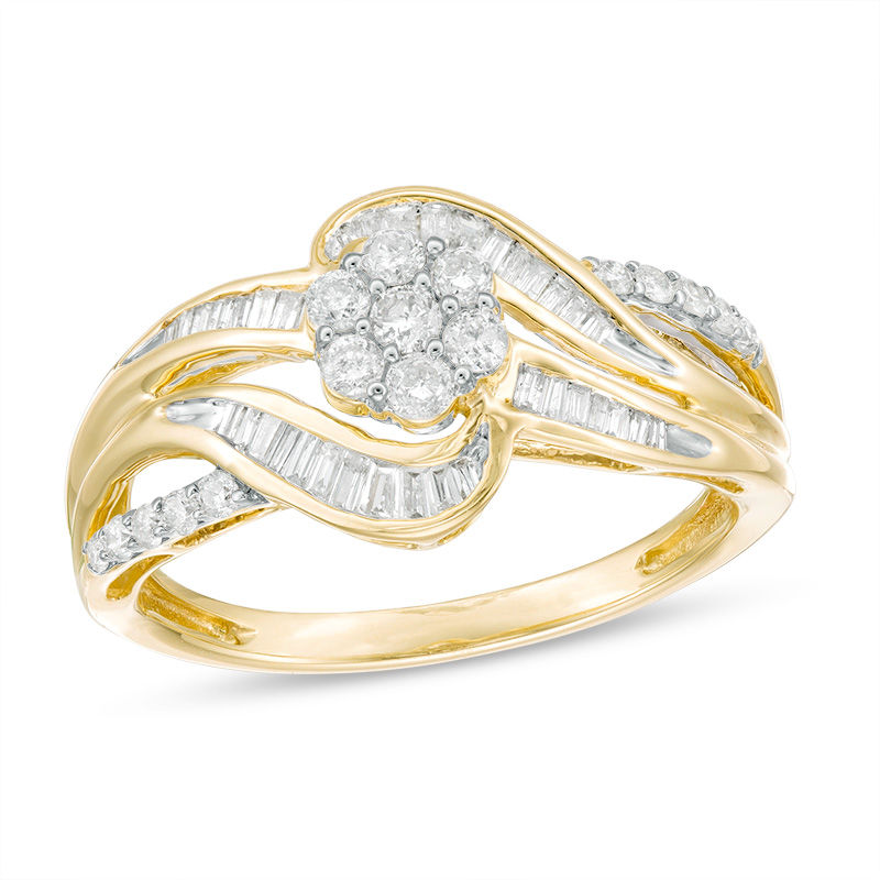 Main Image 1 of 1/2 CT. T.W. Baguette and Round Composite Diamond Bypass Ring in 10K Gold
