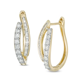 1 CT. T.W. Baguette and Round Diamond Double Row Hoop Earrings in 10K Gold