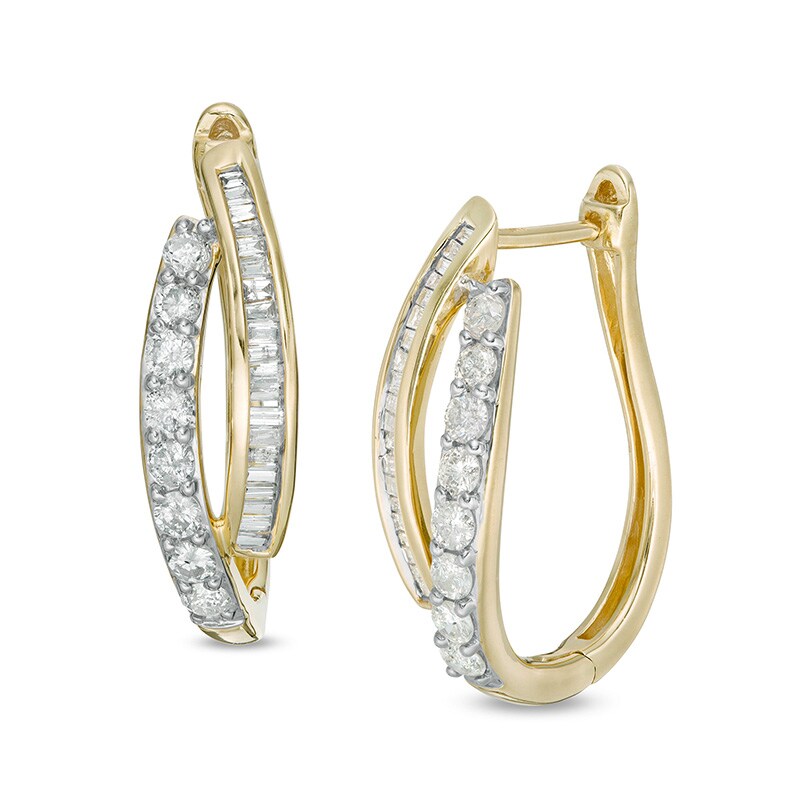 1 CT. T.W. Baguette and Round Diamond Double Row Bypass Hoop Earrings in 10K Gold