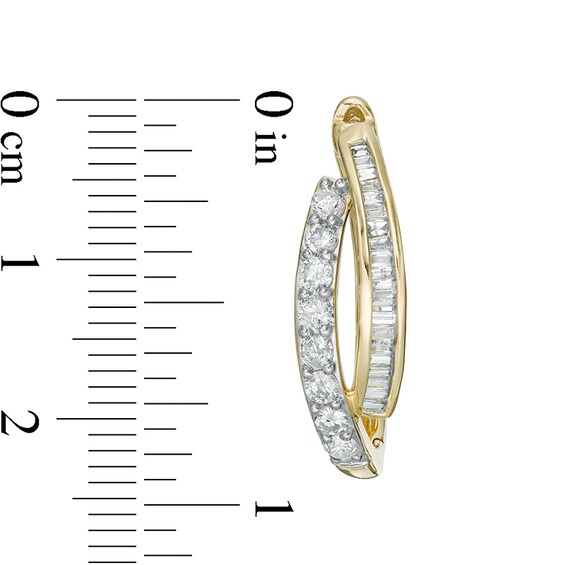 1 CT. T.w. Baguette and Round Diamond Double Row Bypass Hoop Earrings in 10K Gold