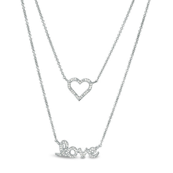 1/10 CT. T.w. Diamond Double Strand "Love" with Heart Necklace in Sterling Silver - 23.5"