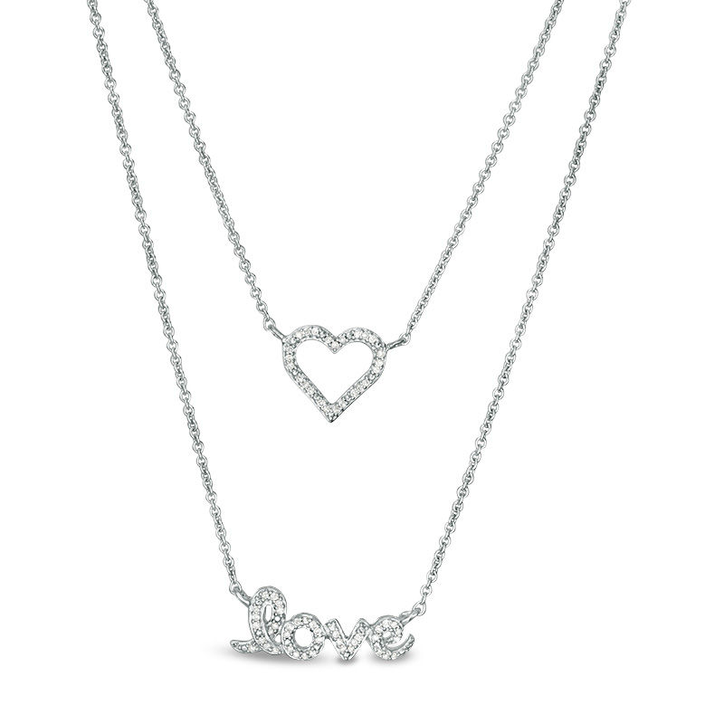 Main Image 1 of 1/10 CT. T.W. Diamond Double Strand "Love" with Heart Necklace in Sterling Silver - 23.5"