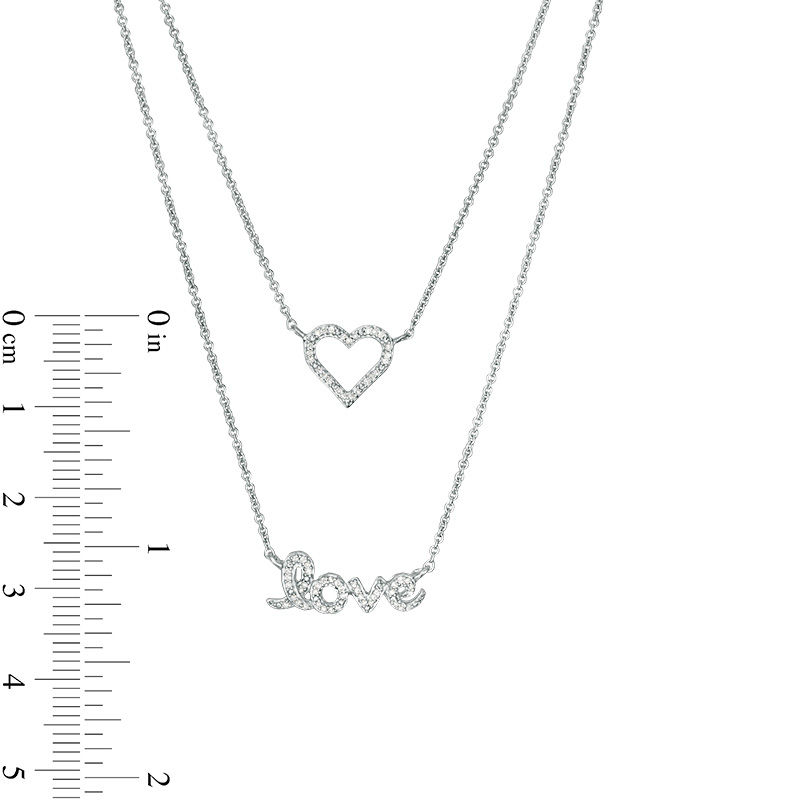 Main Image 2 of 1/10 CT. T.W. Diamond Double Strand "Love" with Heart Necklace in Sterling Silver - 23.5"
