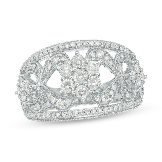 1 CT. T.w. Diamond Flower Scroll Vintage-Style Ring in 10K White Gold