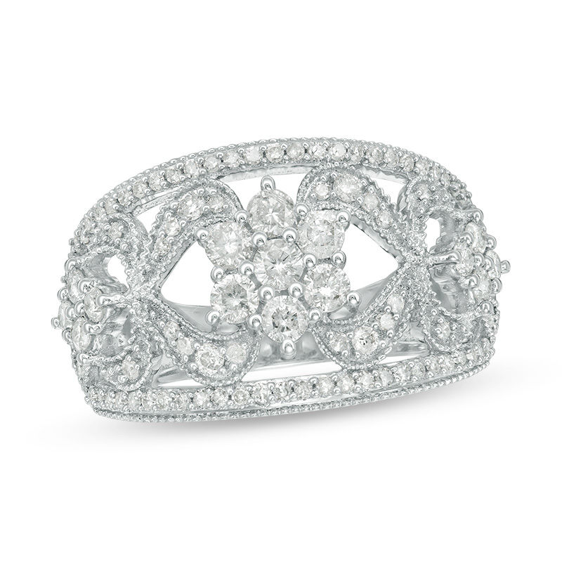 Main Image 1 of 1 CT. T.W. Diamond Flower Scroll Vintage-Style Ring in 10K White Gold