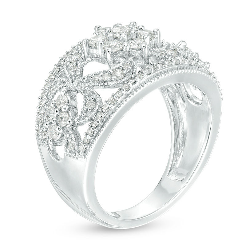 1 CT. T.W. Diamond Flower Scroll Vintage-Style Ring in 10K White Gold