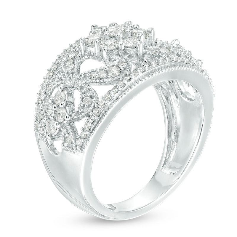 Main Image 2 of 1 CT. T.W. Diamond Flower Scroll Vintage-Style Ring in 10K White Gold