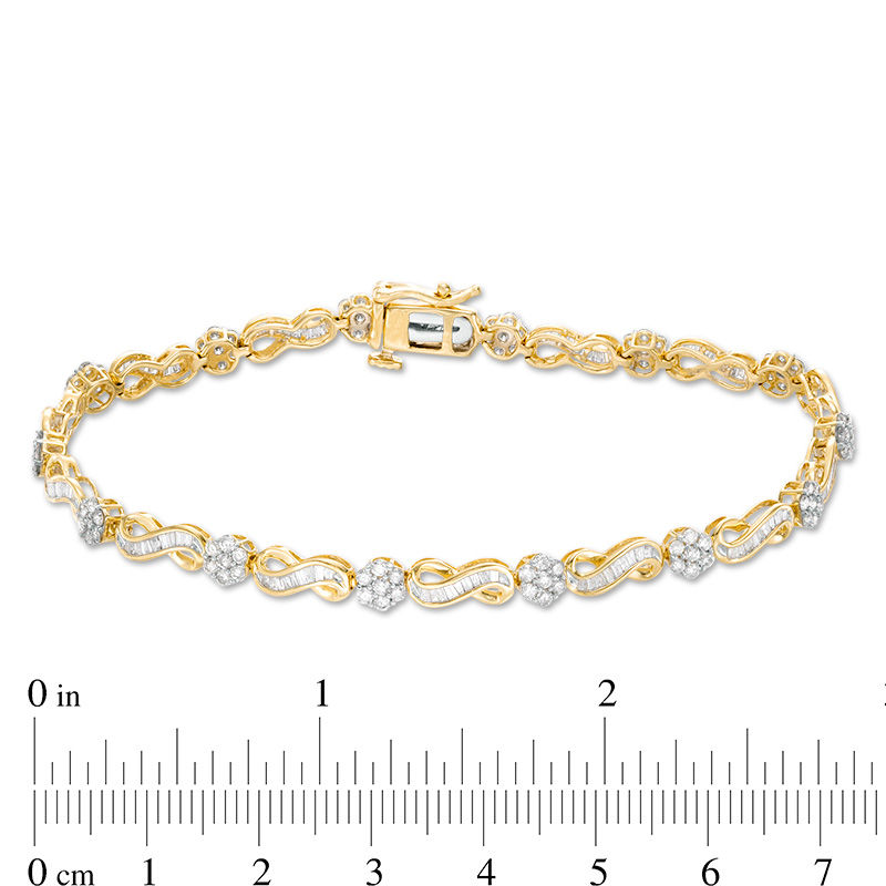 2 CT. T.W. Baguette and Round Composite Diamond Infinity Link Bracelet in 10K Gold - 7.25"