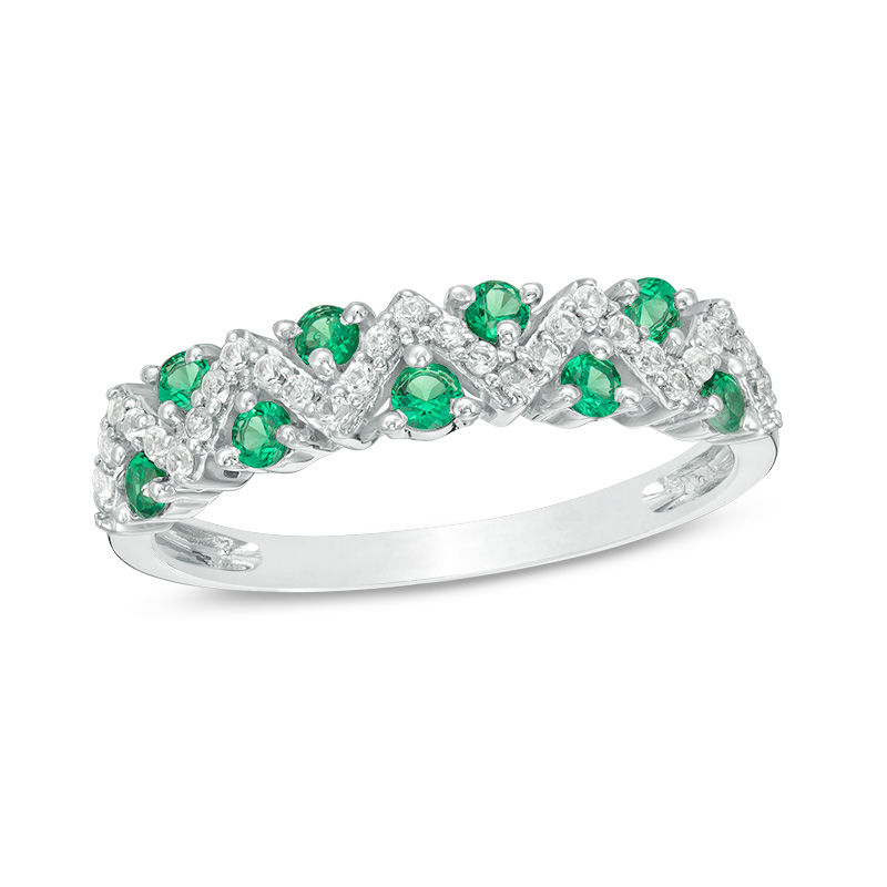 Main Image 1 of Lab-Created Emerald and White Sapphire Zig-Zag Ring in Sterling Silver
