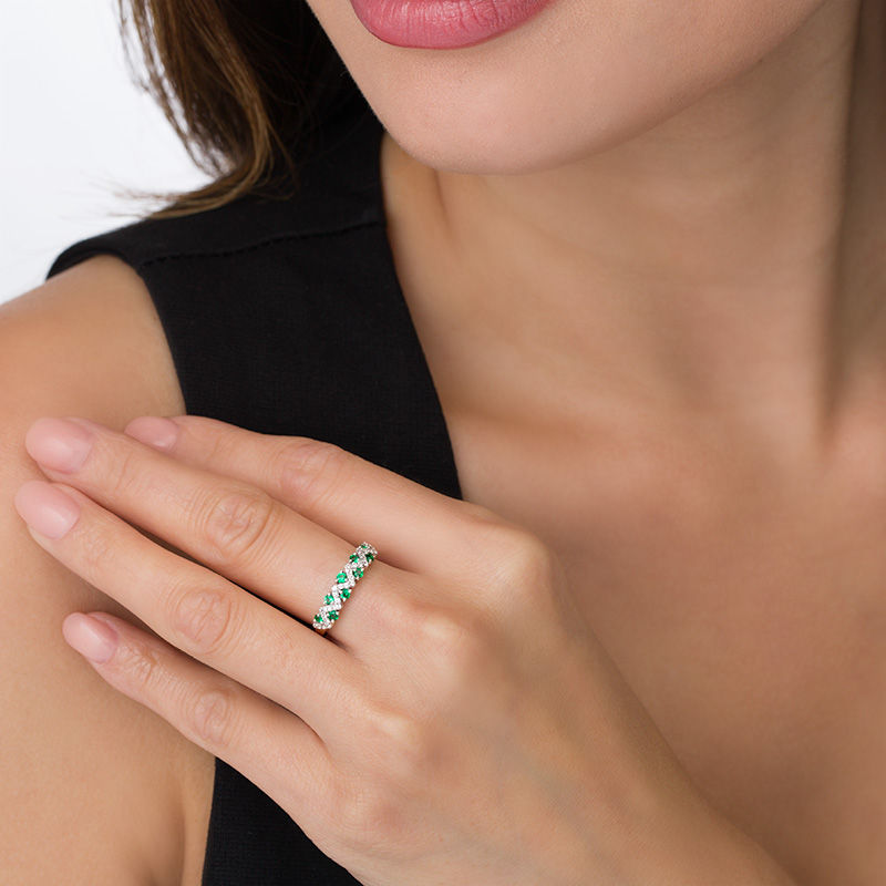 Main Image 3 of Lab-Created Emerald and White Sapphire Zig-Zag Ring in Sterling Silver