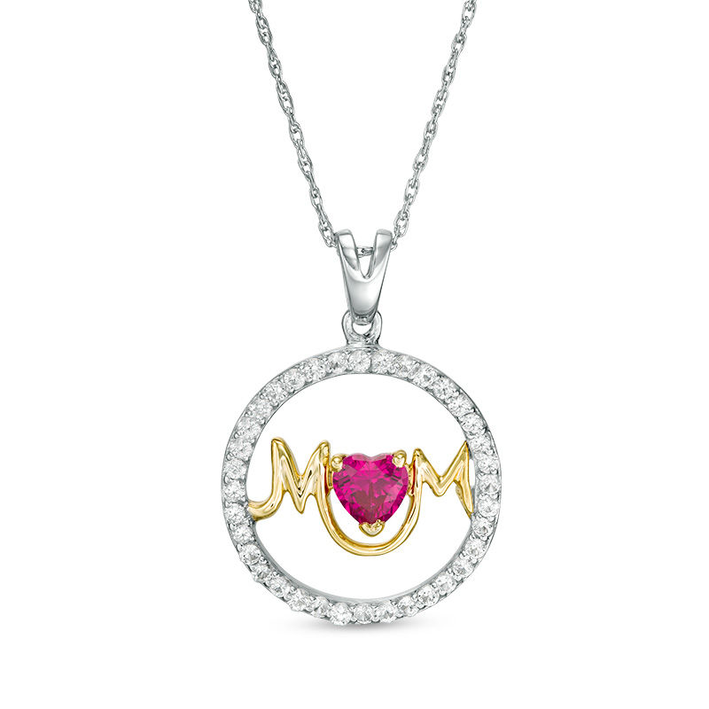 Main Image 1 of 5.0mm Heart-Shaped Lab-Created Ruby and White Sapphire Frame "MOM" Circle Pendant in Sterling Silver and 14K Gold Plate