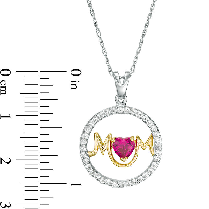 Main Image 2 of 5.0mm Heart-Shaped Lab-Created Ruby and White Sapphire Frame "MOM" Circle Pendant in Sterling Silver and 14K Gold Plate