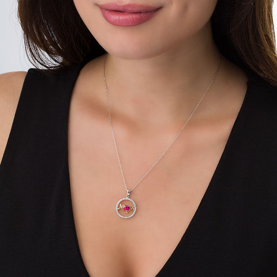 5.0mm Heart-Shaped Lab-Created Ruby and White Sapphire Frame "MOM" Circle Pendant in Sterling Silver and 14K Gold Plate 5.0mm Heart-Shaped Lab-Created Ruby and White Sapphire Frame "MOM" Circle Pendant in Sterling Silver and 14K Gold Plate