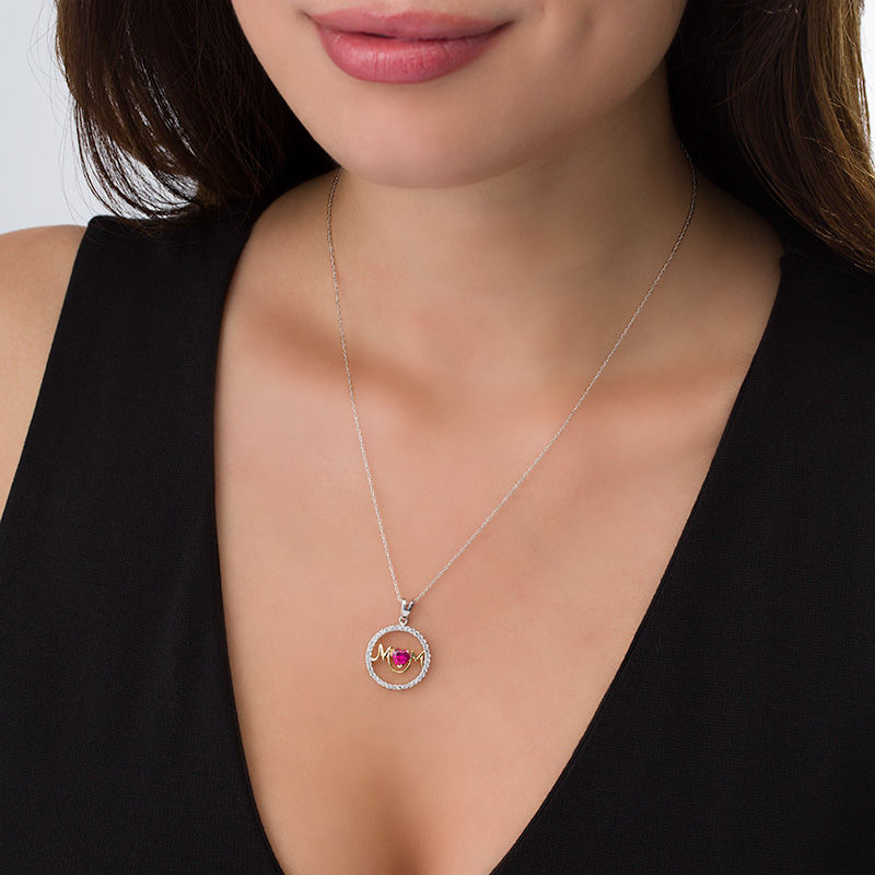 5.0mm Heart-Shaped Lab-Created Ruby and White Sapphire Frame "MOM" Circle Pendant in Sterling Silver and 14K Gold Plate