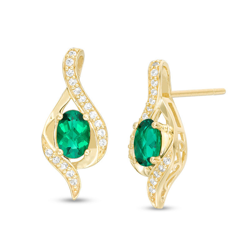 Oval Lab-Created Emerald and White Sapphire Flame Stud Earrings in 10K Gold