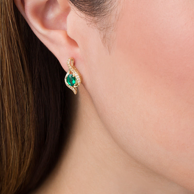Main Image 2 of Oval Lab-Created Emerald and White Sapphire Flame Stud Earrings in 10K Gold
