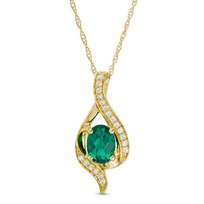 Oval Lab-Created Emerald and White Sapphire Flame Pendant in 10K Gold