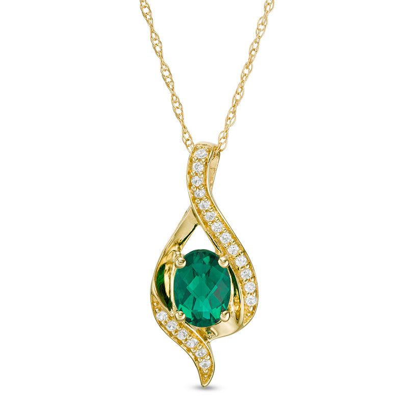 Main Image 1 of Oval Lab-Created Emerald and White Sapphire Flame Pendant in 10K Gold
