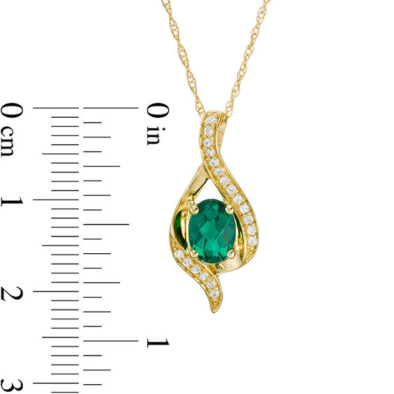 Oval Lab-Created Emerald and White Sapphire Flame Pendant in 10K Gold