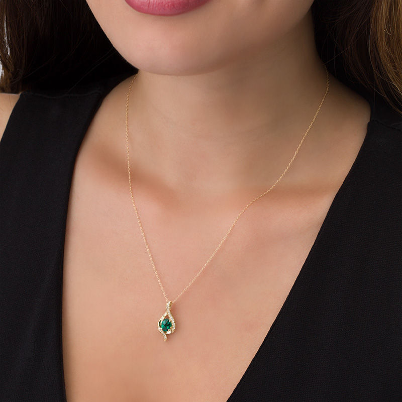 Main Image 3 of Oval Lab-Created Emerald and White Sapphire Flame Pendant in 10K Gold