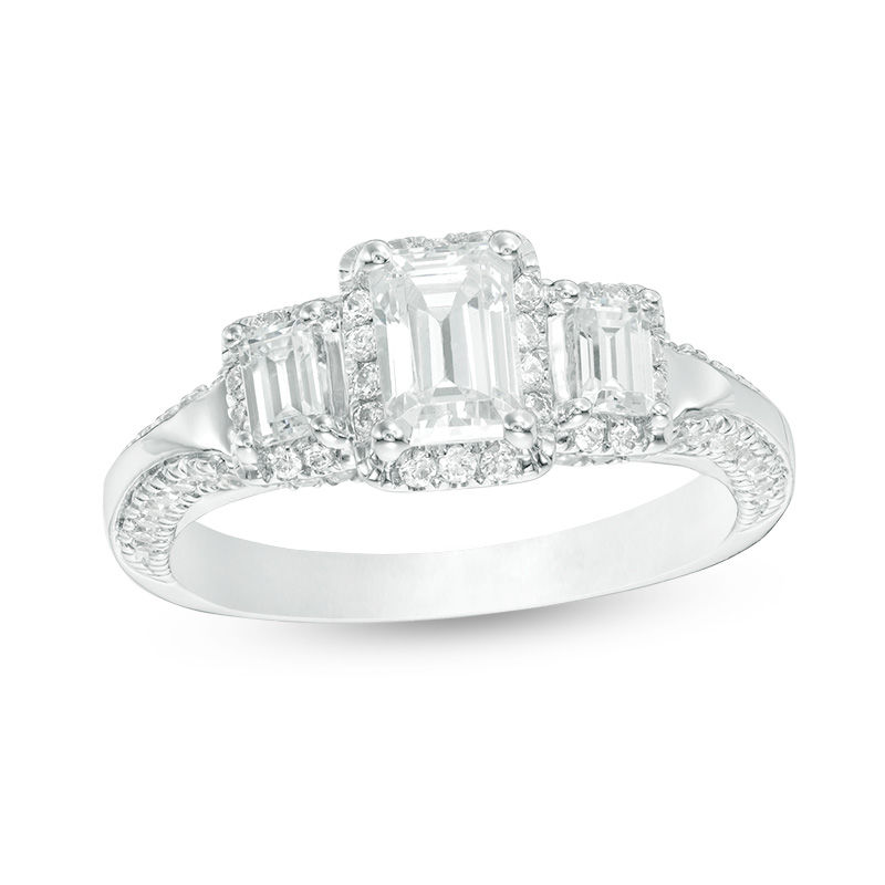 1 CT. T.W. Certified Emerald-Cut Diamond Frame Past Present Future® Ornate  Engagement Ring in 14K White Gold (I/I1) | Zales