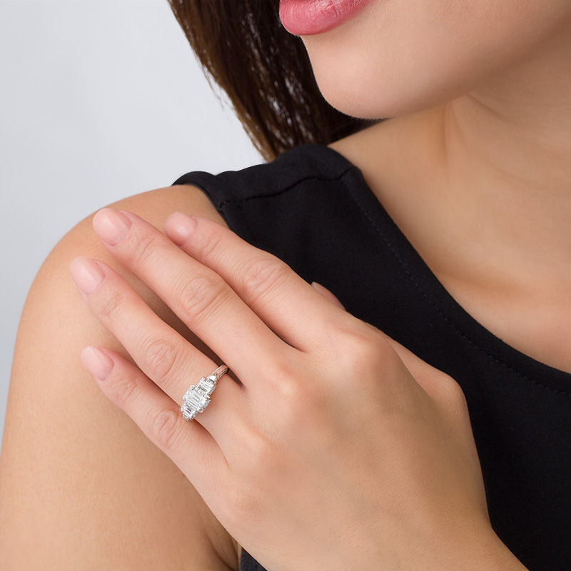 Main Image 3 of 1-5/8 CT. T.W. Certified Emerald-Cut Diamond Past Present Future® Frame Engagement Ring in 14K White Gold (I/SI2)